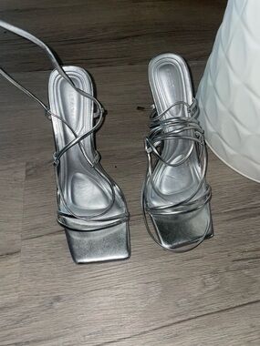 Metallic Silver Strappy Square-Toe Heels